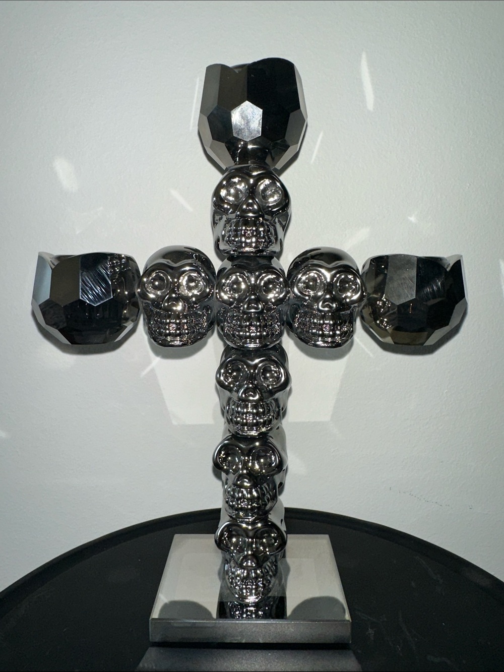 Crystal Metallic Silver Skull Cross Sculpture - Home Art